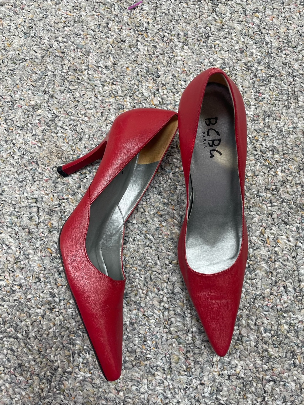 BCBG Paris Red Pointed-Toe Leather Pumps with Mid Heel